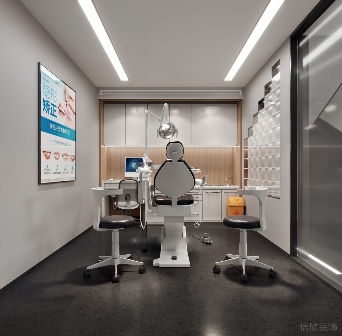 階梯式玻璃方磚墻體設計醫(yī)療牙科器械裝修設計