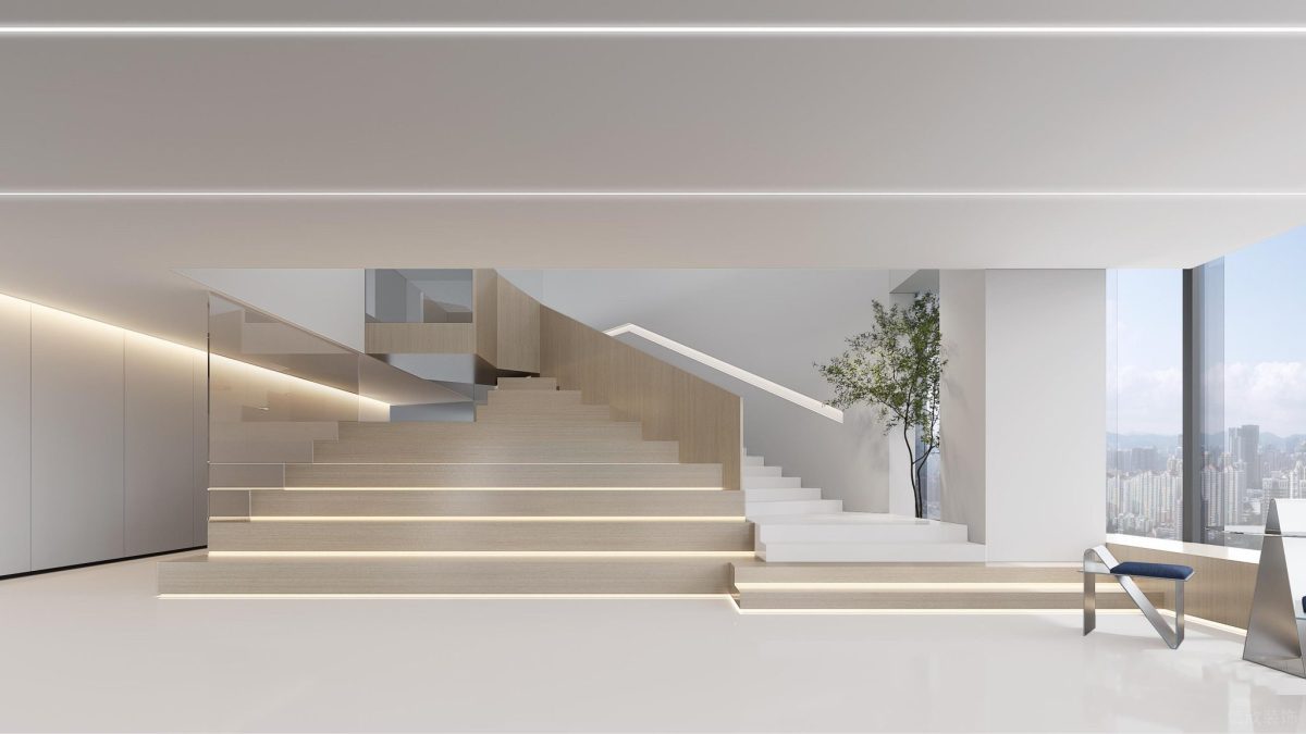 科技簡約風辦公室裝修設計 木色與白色搭配的樓梯設計