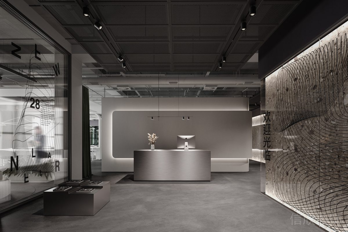 深色工業(yè)風現(xiàn)代辦公空間接待區(qū)裝修效果圖