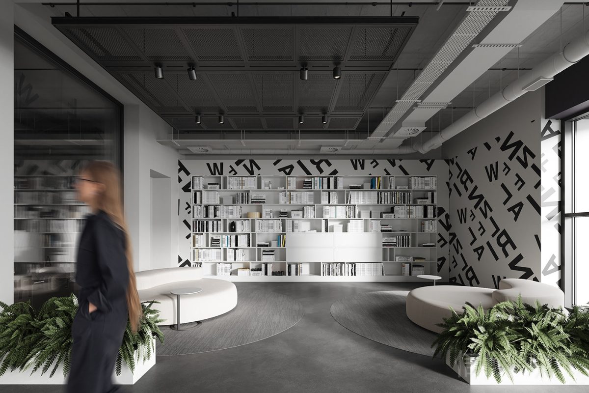 深色工業(yè)風(fēng)現(xiàn)代辦公空間休息區(qū)墻面柜體裝修圖