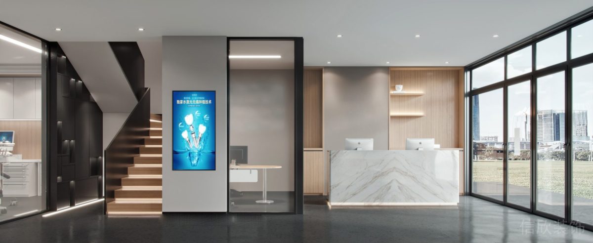 深圳南山蘭光科技大廈海洋牙科口腔診大廳白色大平頂設(shè)計(jì)效果