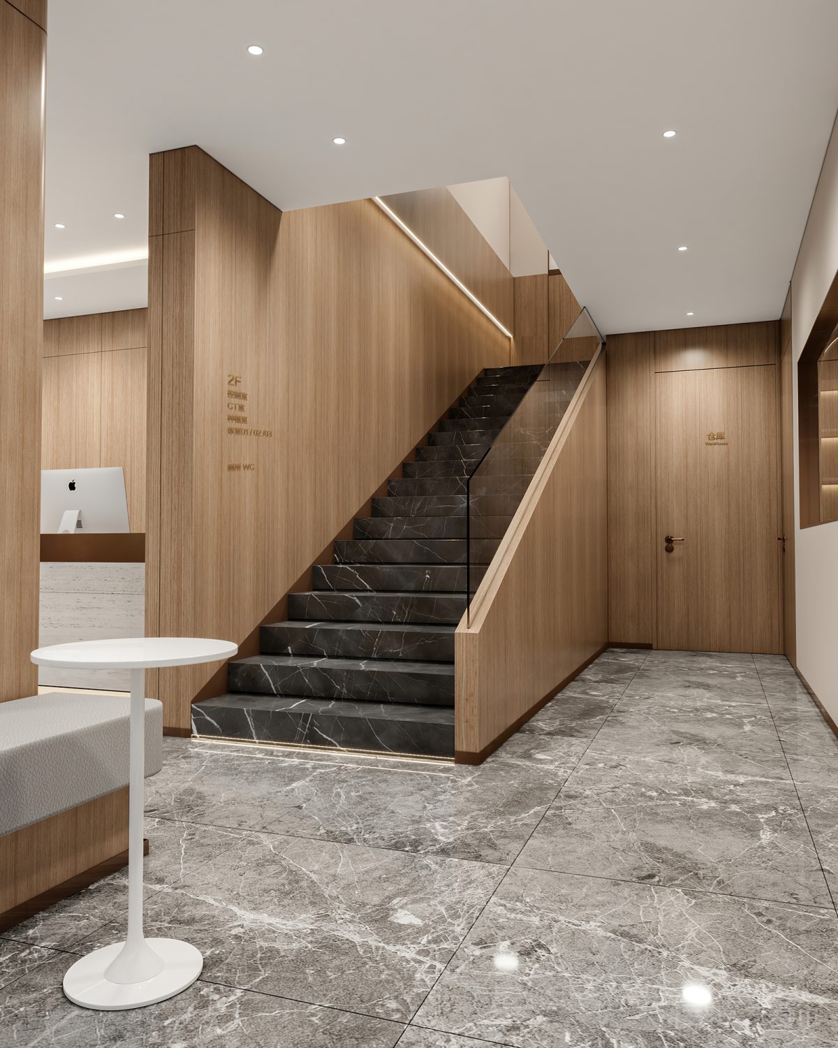 過道階梯式設(shè)計大理石高端商務(wù)風口腔中心灰白肌理