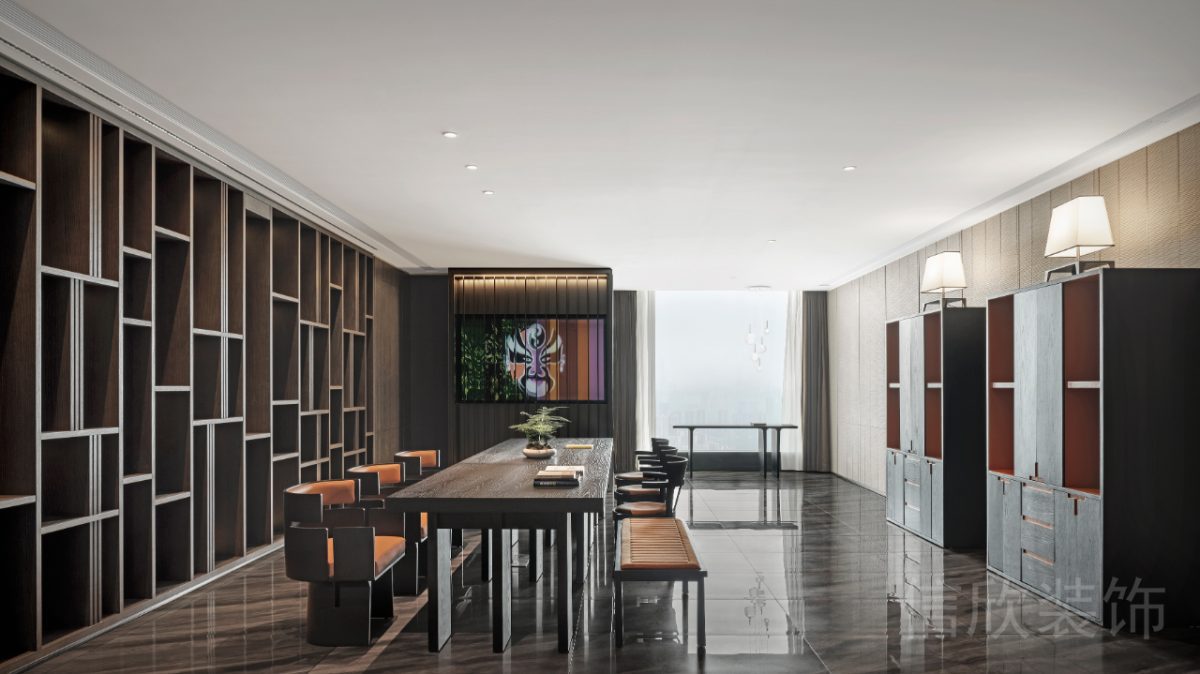 新中式實(shí)木內(nèi)嵌式儲(chǔ)物柜茶水間設(shè)計(jì)