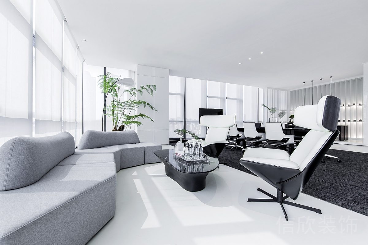 總裁辦公室會(huì)客區(qū)弧形布藝沙發(fā)裝修效果圖