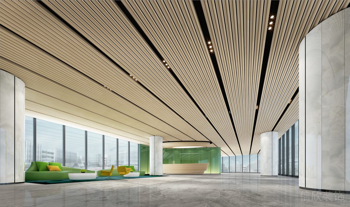 鋁合天花條紋設計大理石墻柱裝飾辦公室開放區(qū)域效果圖