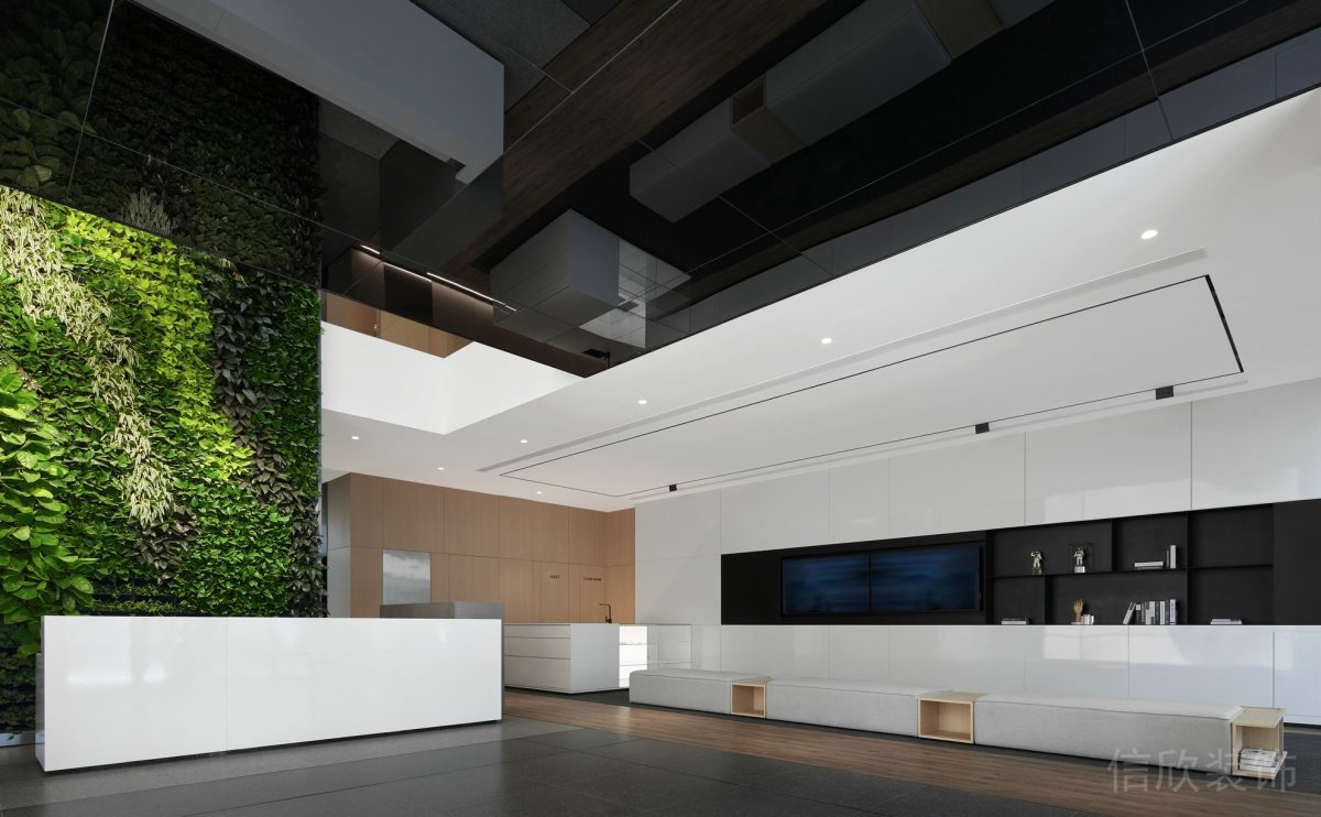 白色簡約風大廳休息等待區(qū)域辦公室裝修設計滿墻綠色植物