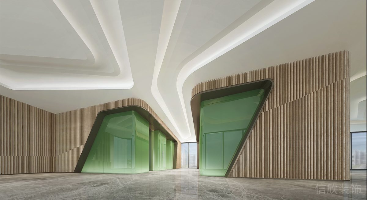 亞克力透綠色幾何造型創(chuàng)意設計辦公室過道裝修