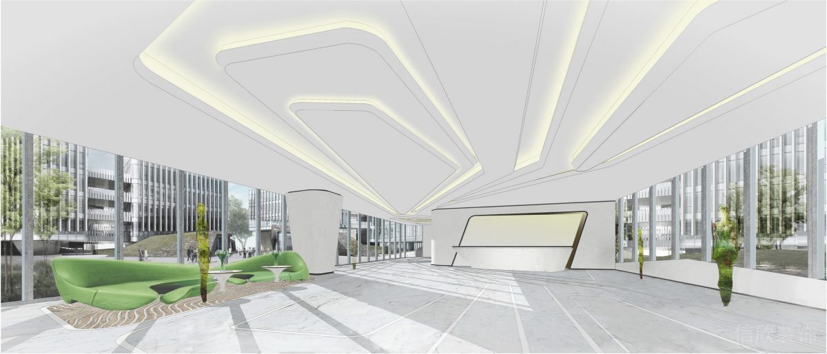 清新綠內(nèi)嵌式燈帶辦公室大廳前臺接待處設計圖