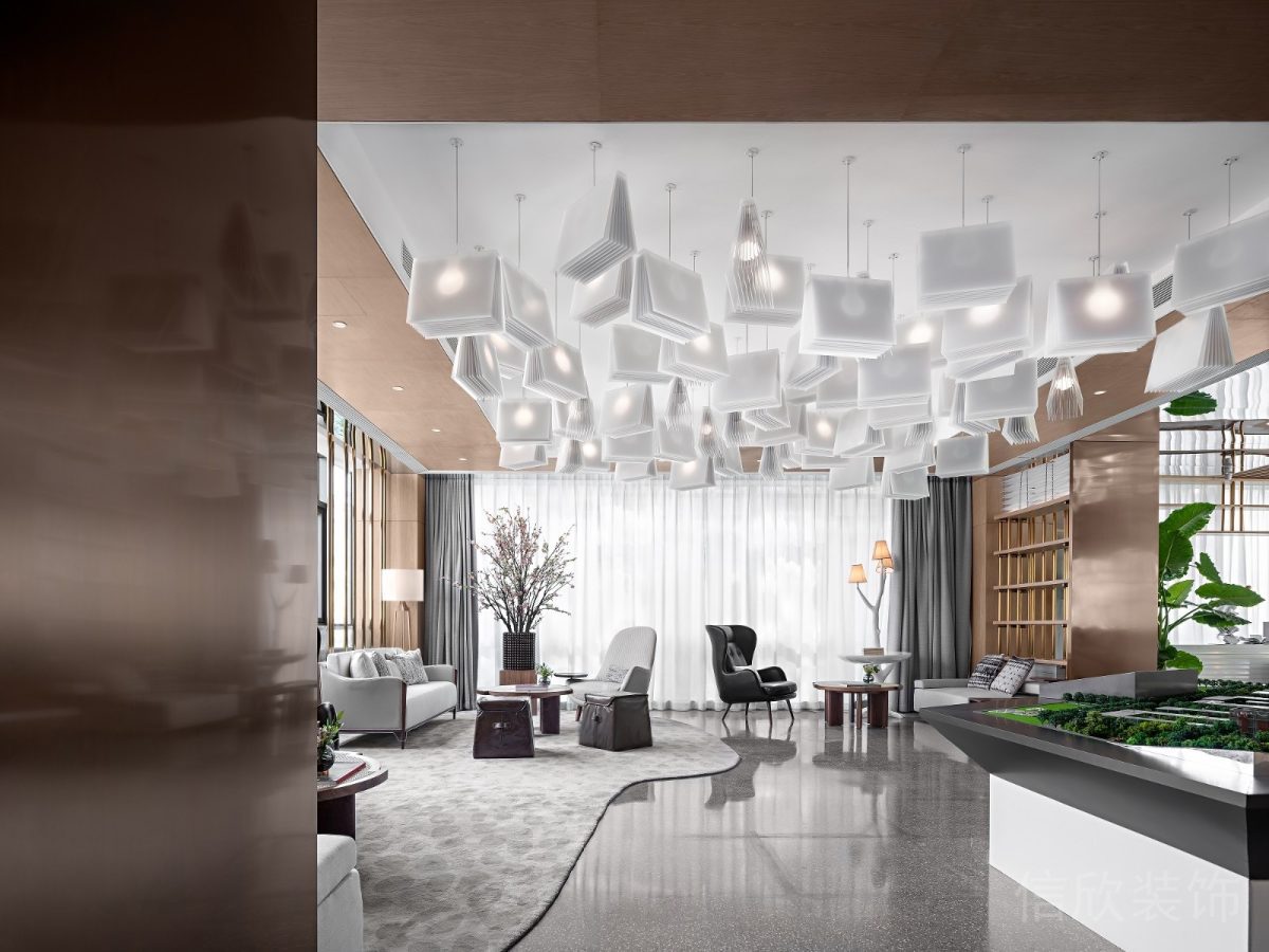 藝術創(chuàng)意風辦公室設計立體天花吊頂北歐風效果圖