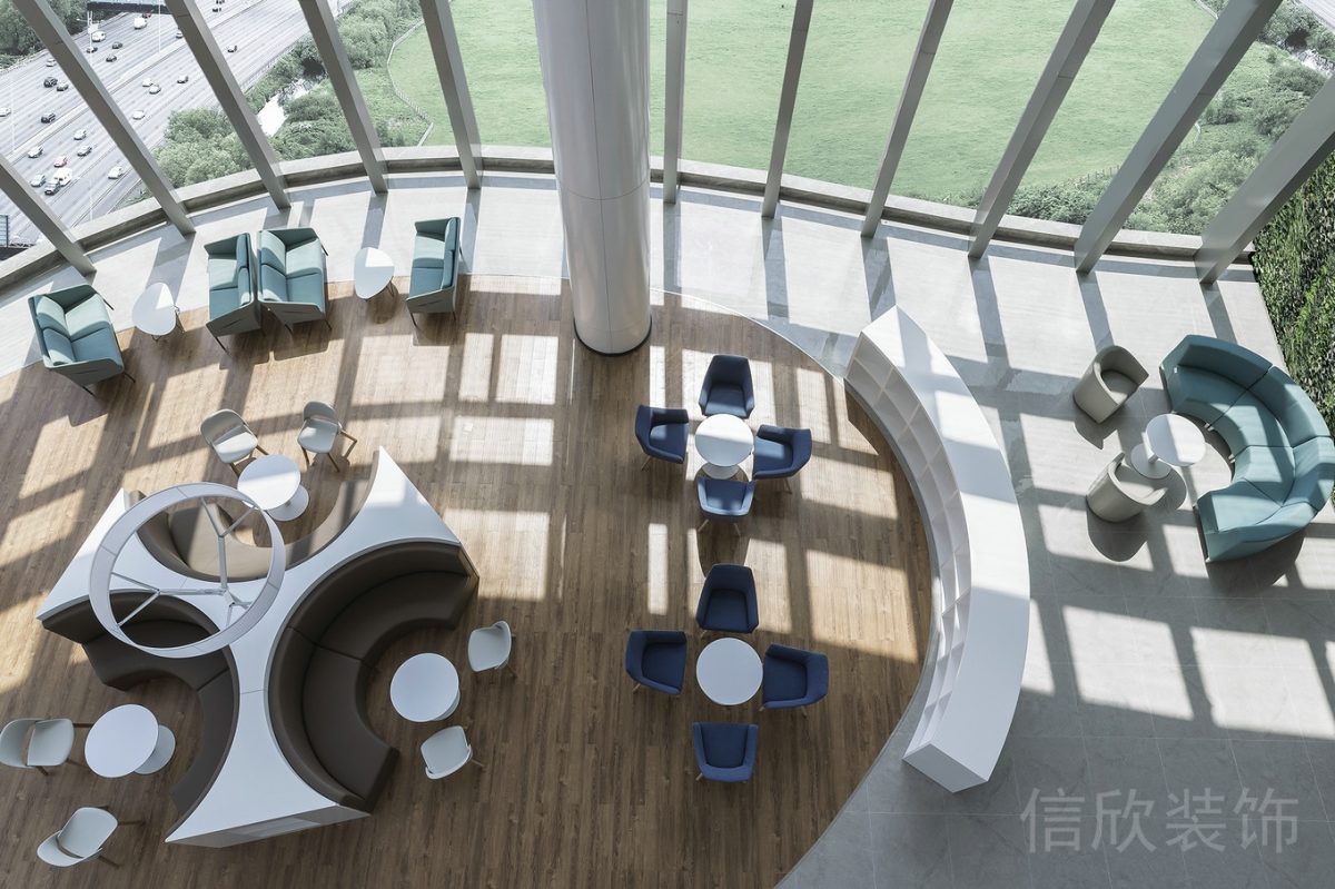 俯視圖辦公室全落地式玻璃窗接待區(qū)創(chuàng)意沙發(fā)效果