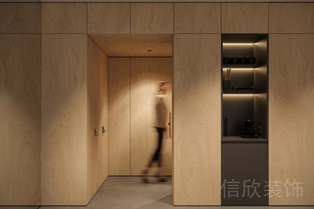 簡約黑色茶水間金屬板材設(shè)計(jì)原木風(fēng)瑜伽機(jī)構(gòu)過道