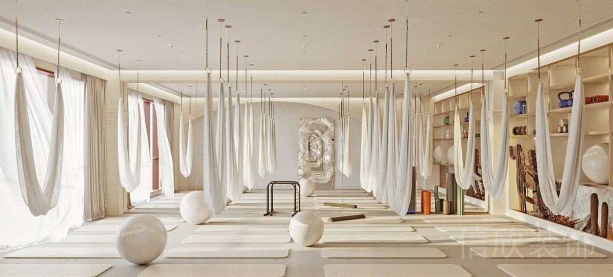 空中瑜伽吊床設(shè)計團(tuán)課瑜伽大教室裝修效果圖