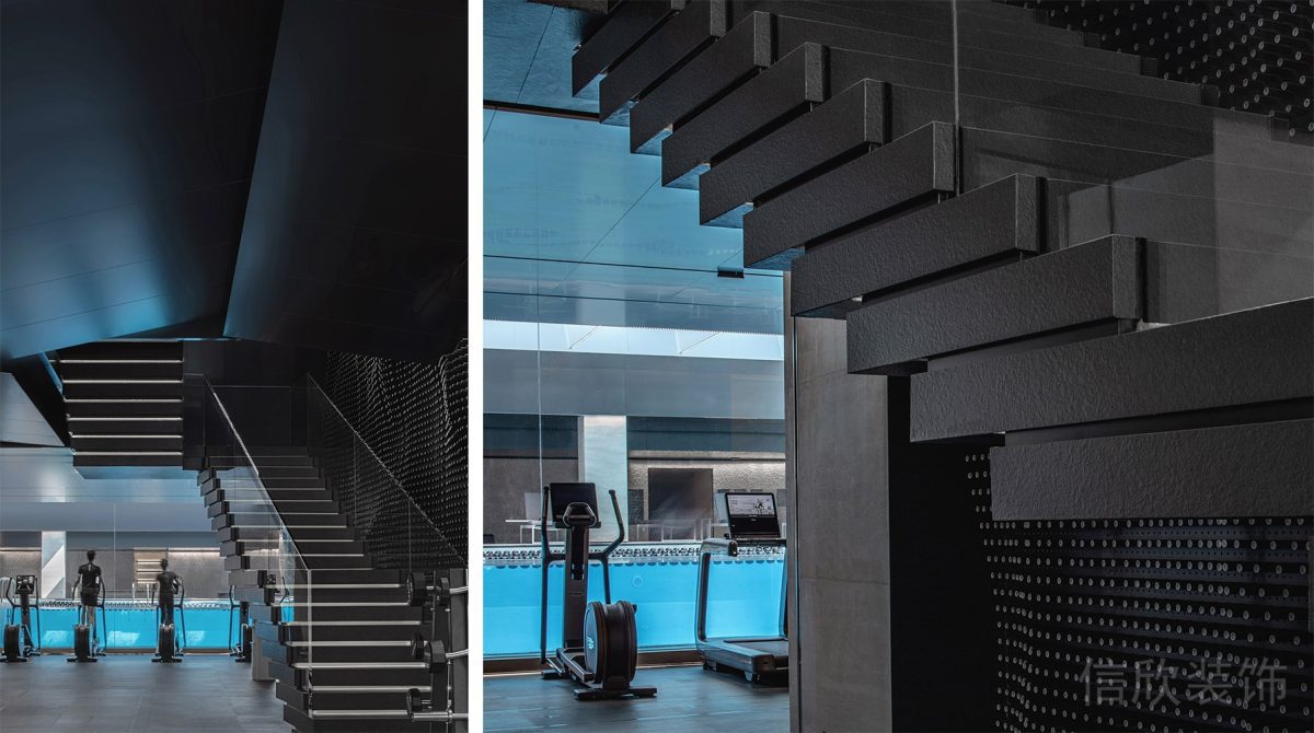 藍色玻璃商務(wù)風(fēng)游泳池健身房裝修效果圖