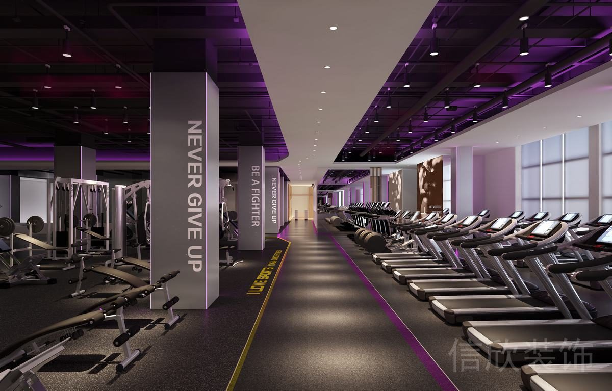賽博朋克燈帶設(shè)計(jì)排列式跑步機(jī)裝修健身房