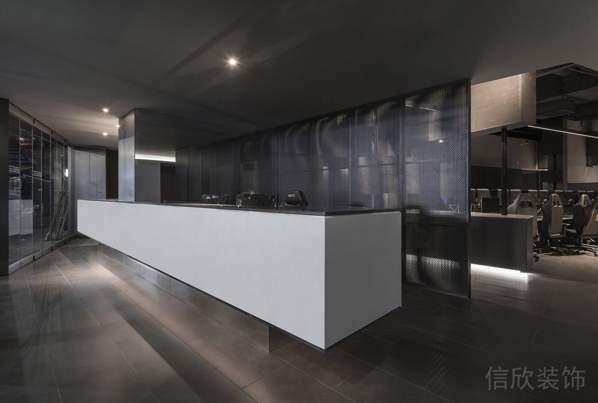 現(xiàn)代簡約鏤空式打孔板天花板背板前臺裝修設(shè)計(jì)