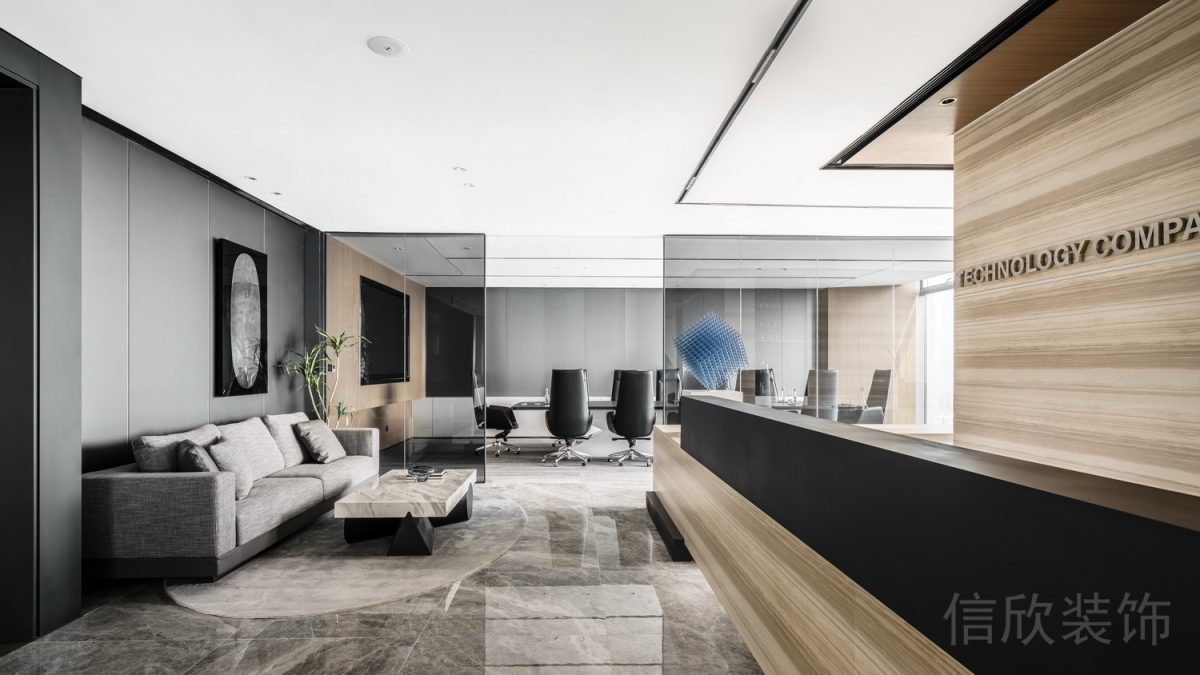 現(xiàn)代中式原木前臺(tái)搭配大理石地磚設(shè)計(jì)