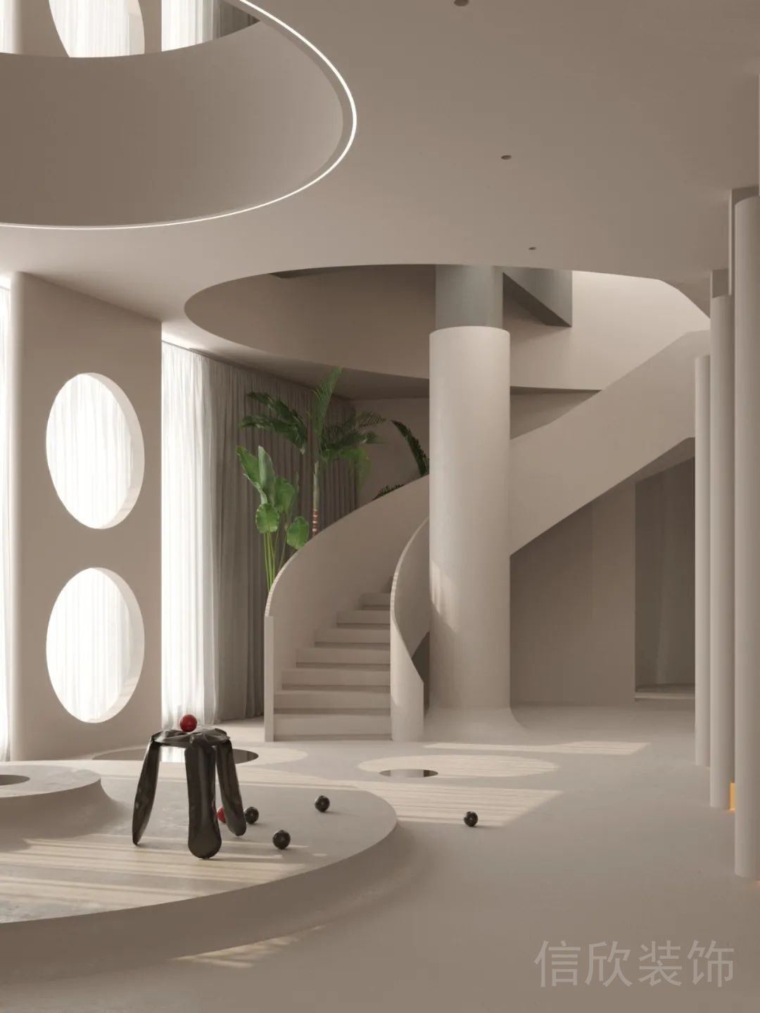 瑜伽機(jī)構(gòu)大廳休息區(qū)地臺(tái)弧形設(shè)計(jì)純白效果