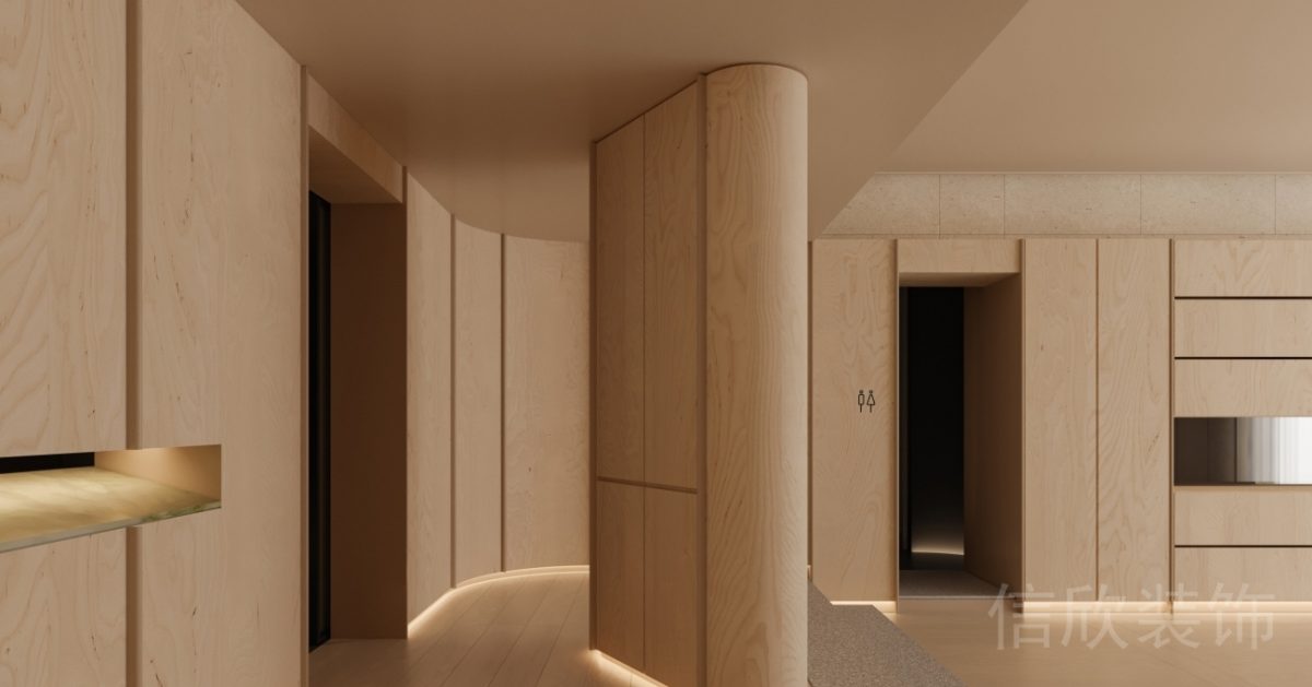 原木風(fēng)瑜伽機(jī)構(gòu)衛(wèi)生間過道設(shè)計(jì)楓木內(nèi)嵌腳燈