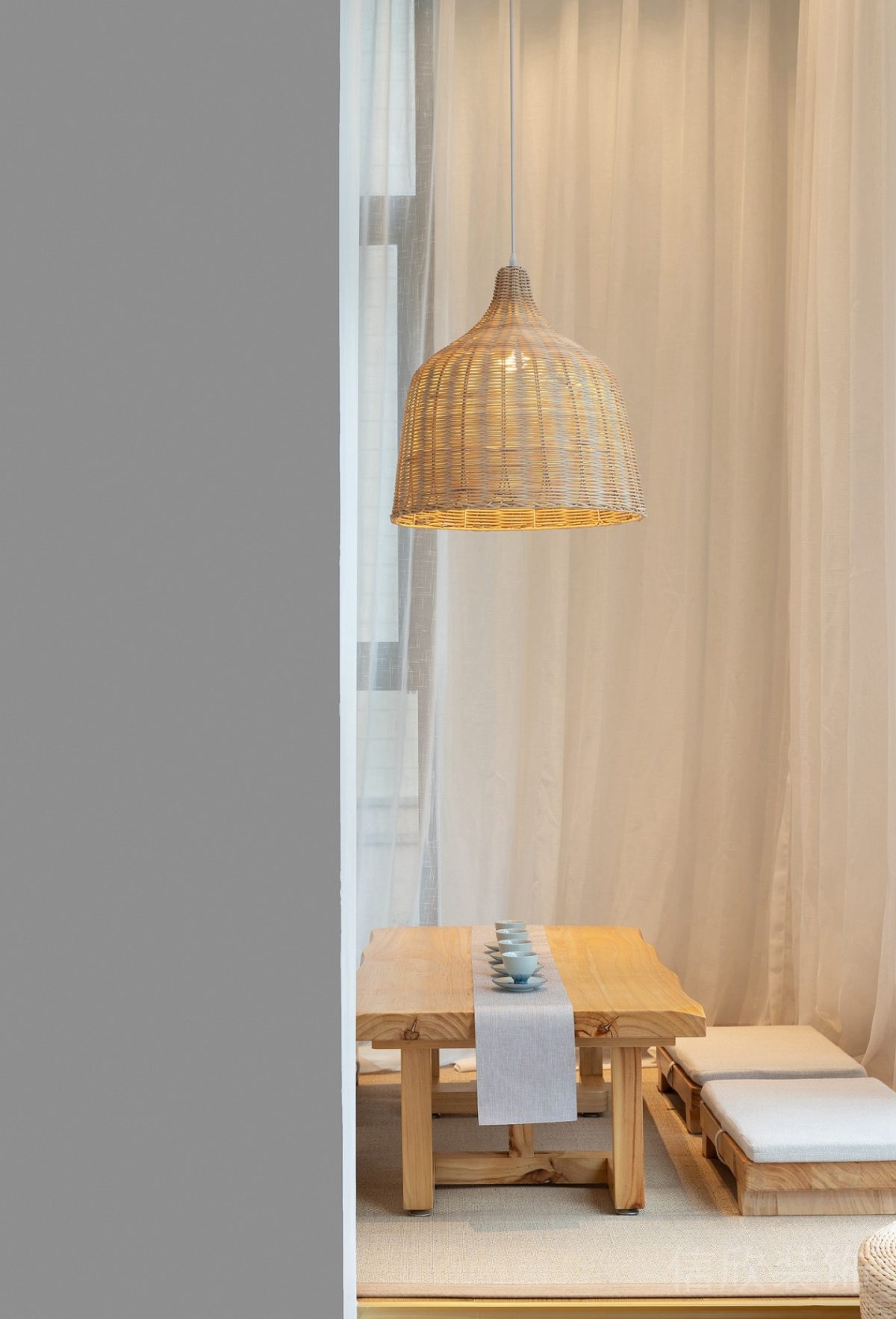 竹編天花吊頂中式瑜伽機(jī)構(gòu)休息區(qū)木質(zhì)設(shè)計(jì)效果圖