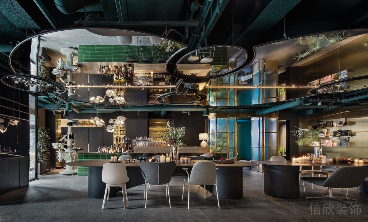 白黑灰色調(diào)桌椅設(shè)計(jì)弧形鏡面玻璃裝修辦公室就餐區(qū)裝修設(shè)計(jì)