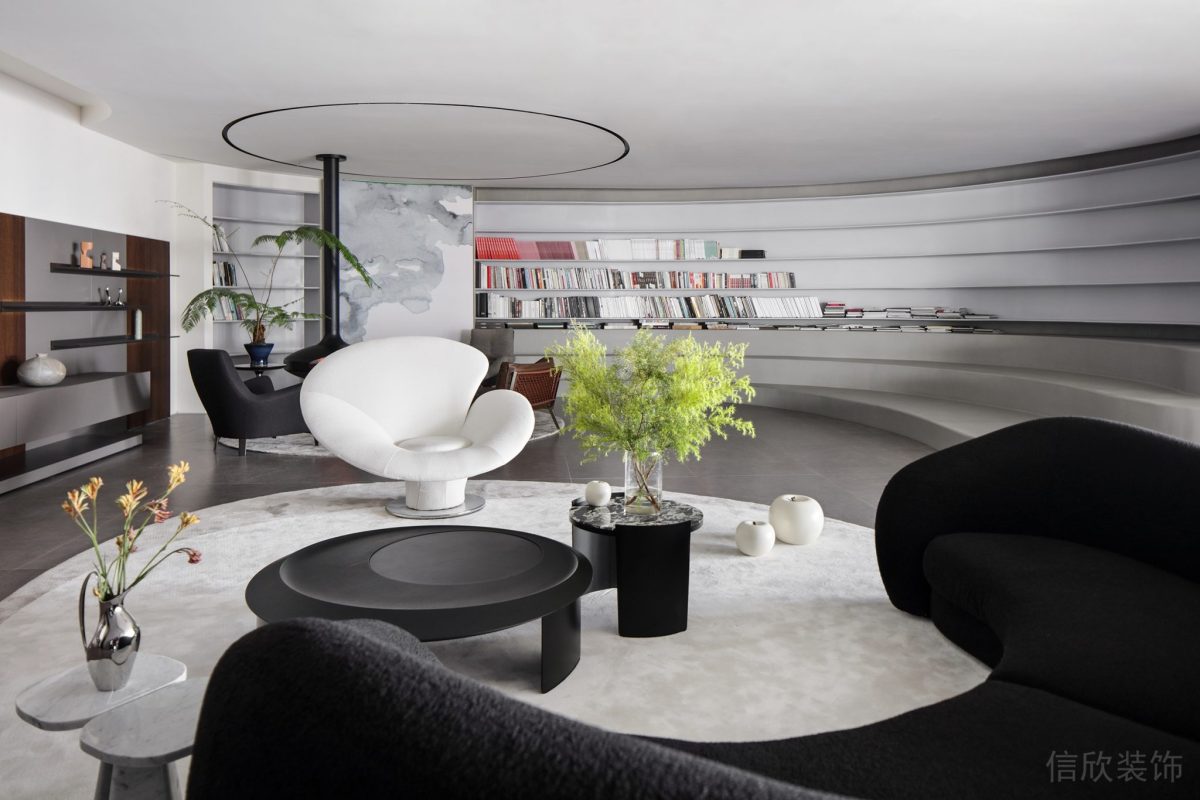 白色貝殼式懶人沙發(fā)設(shè)計搭配白色反絨皮地毯裝修辦公室休息區(qū)裝修