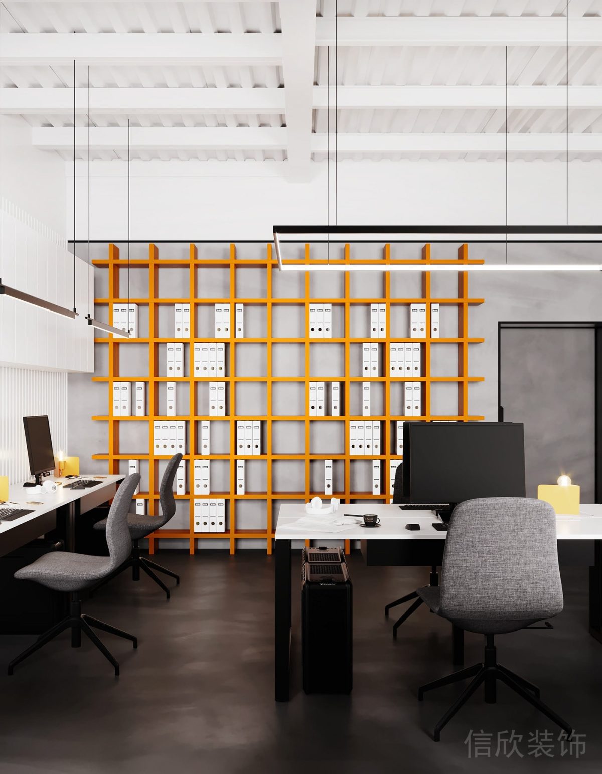白色鐵皮風(fēng)天花板設(shè)計橙色方塊式置物柜裝修辦公室效果圖