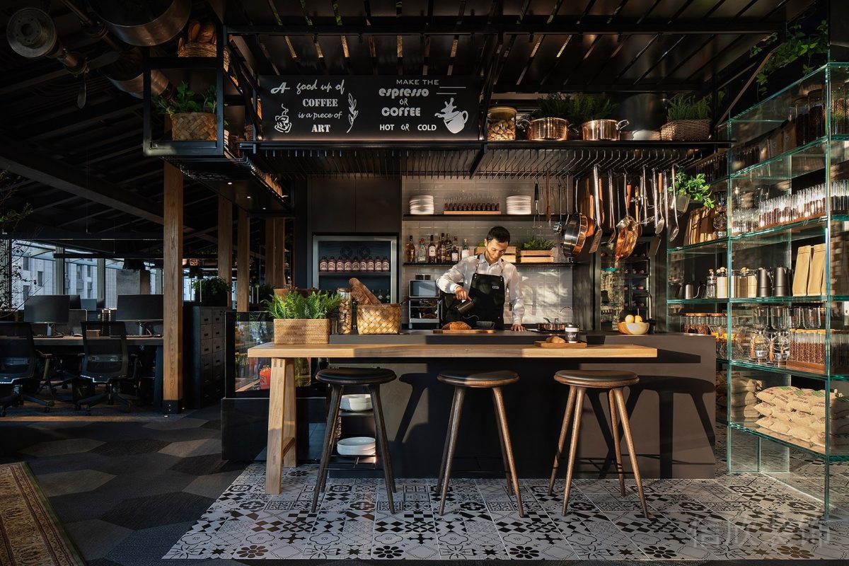 茶水間原木風辦公室裝修水吧臺深色復古美式設(shè)計效果圖