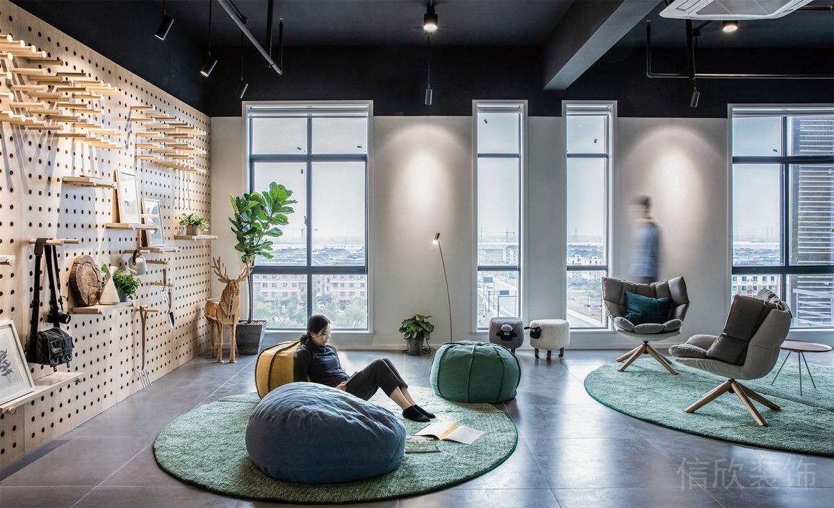 反絨皮懶人沙發(fā)裝修灰色大理石地磚設(shè)計辦公室休息區(qū)效果圖