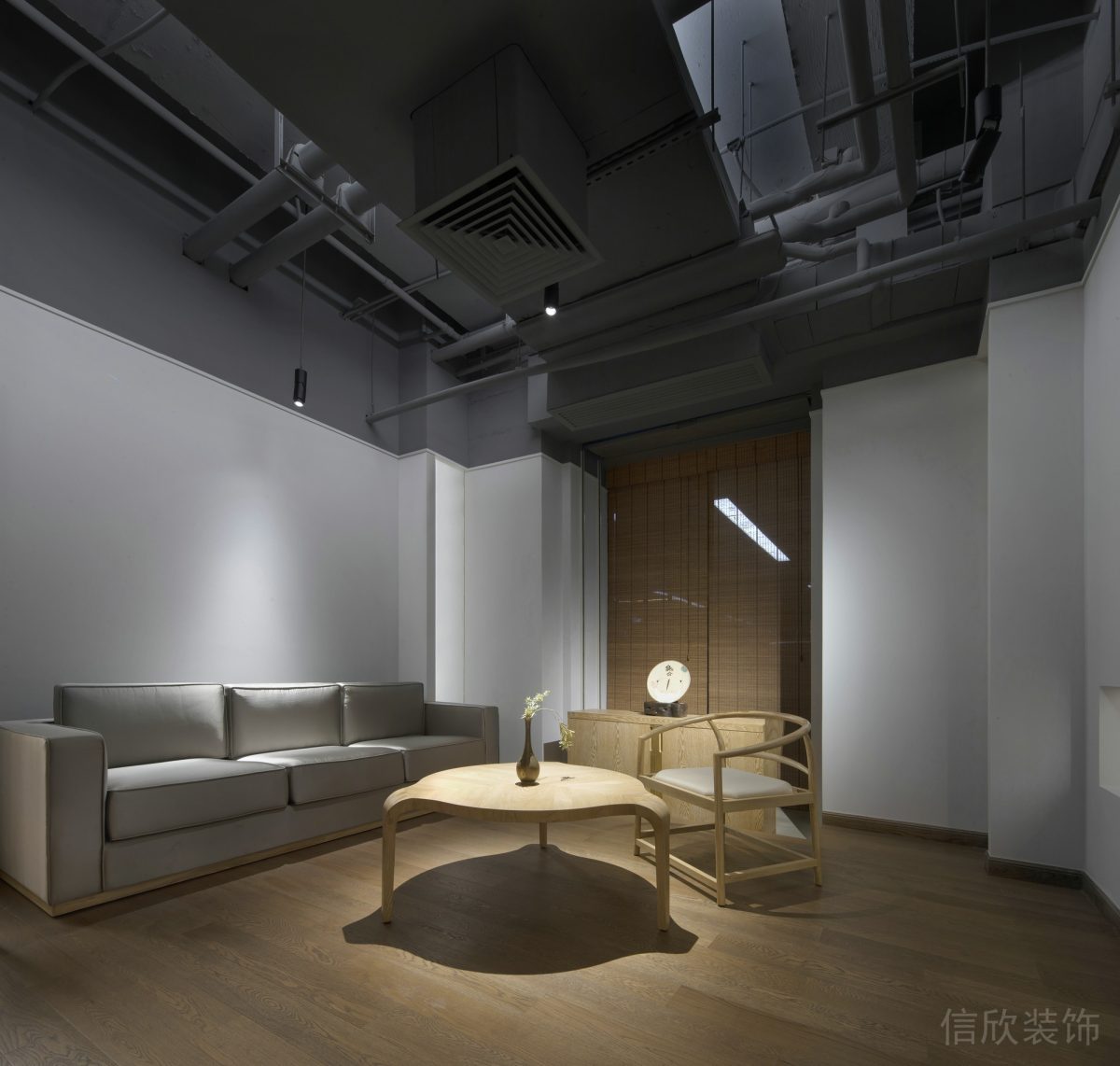 工業(yè)風(fēng)辦公室裝修設(shè)計(jì)會客區(qū)裝修木質(zhì)地板效果