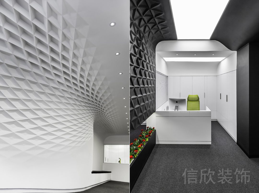 黑白色調(diào)菱形幾何形狀墻體設(shè)計(jì)前臺(tái)區(qū)裝修辦公室