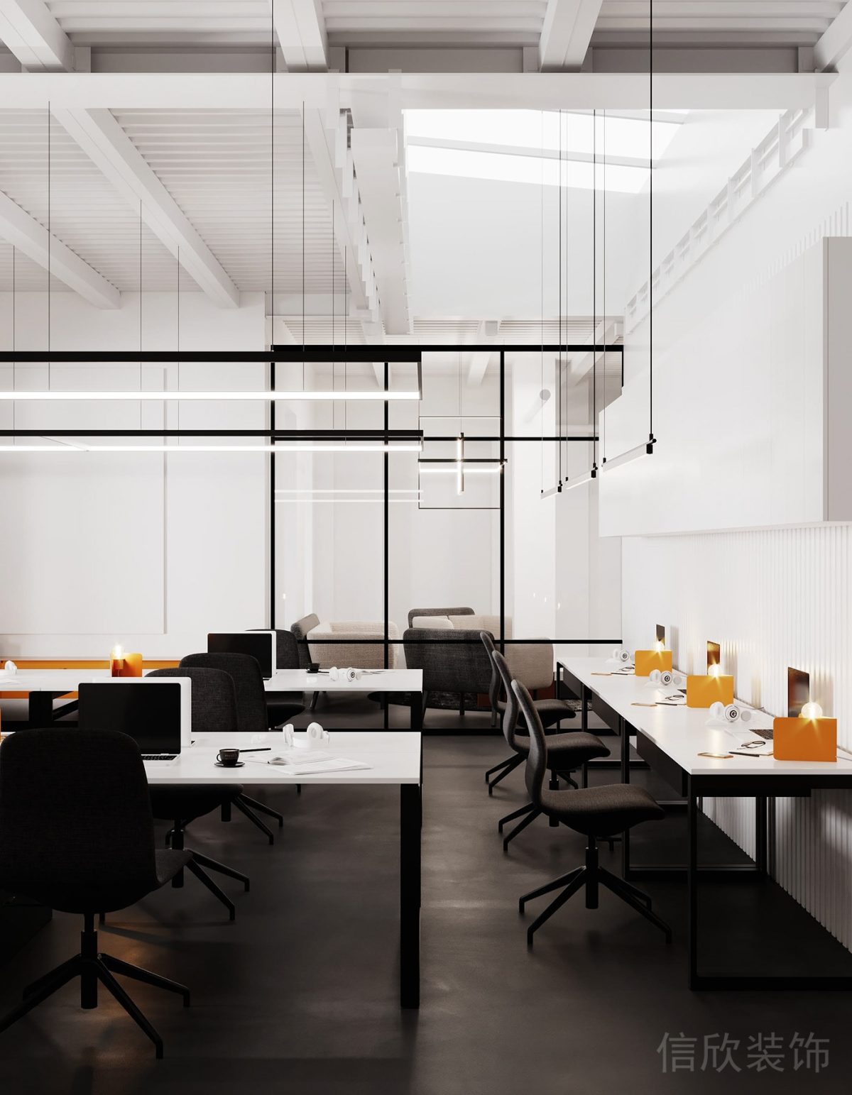 黑白撞色桌板設(shè)計人體工學(xué)椅裝修辦公室工作區(qū)設(shè)計圖