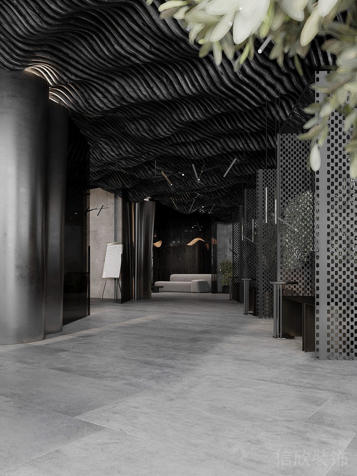 黑灰色調(diào)切割式波浪形天花板裝修辦公室過道裝修設(shè)計效果圖