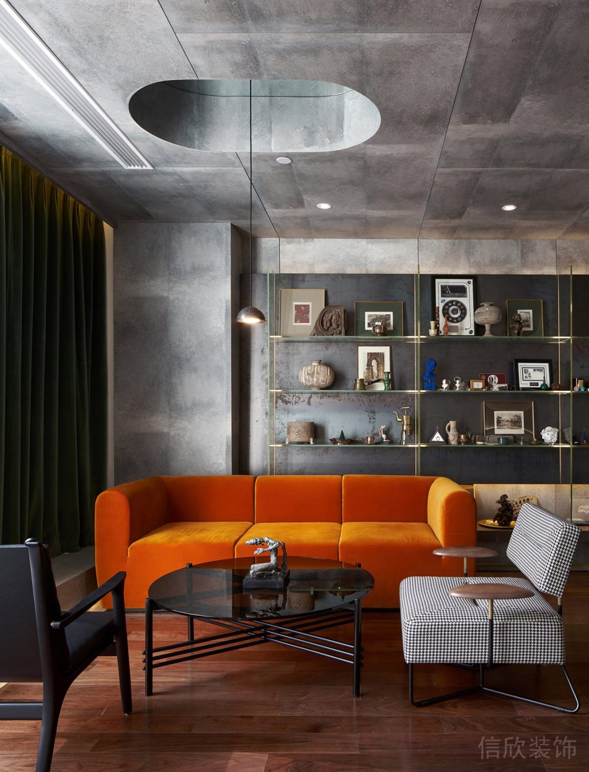 會客區(qū)裝修橙色沙發(fā)裝修灰色收納墻柜總裁辦公室設(shè)計(jì)