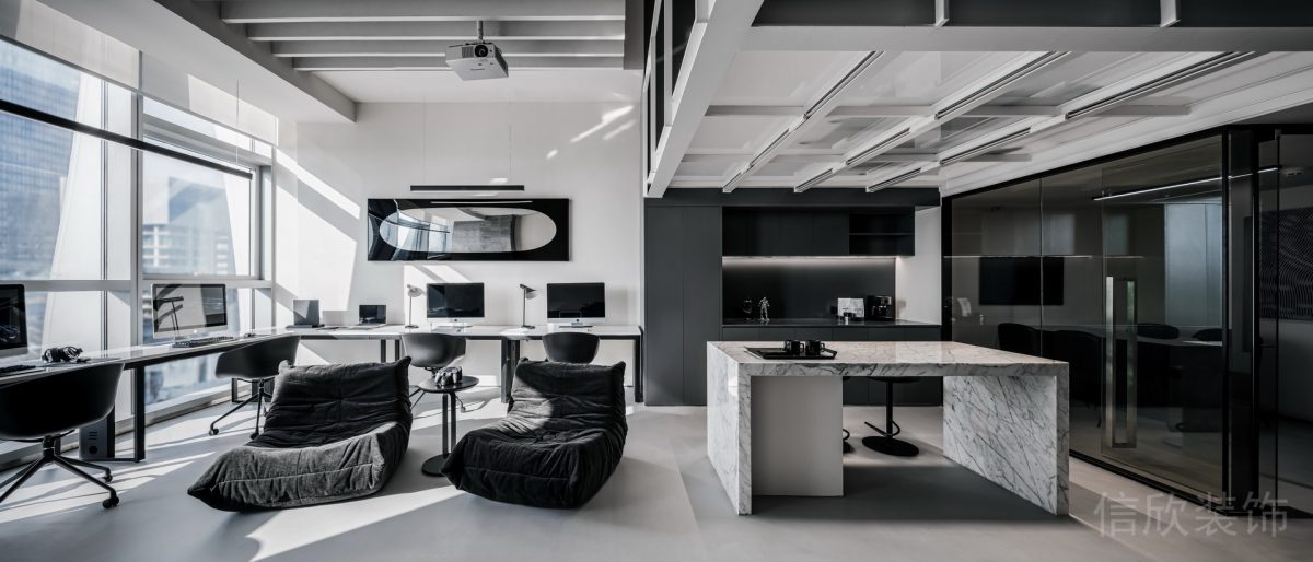 黑色反絨皮懶人沙發(fā)l型極簡風(fēng)桌面辦公室設(shè)計(jì)圖