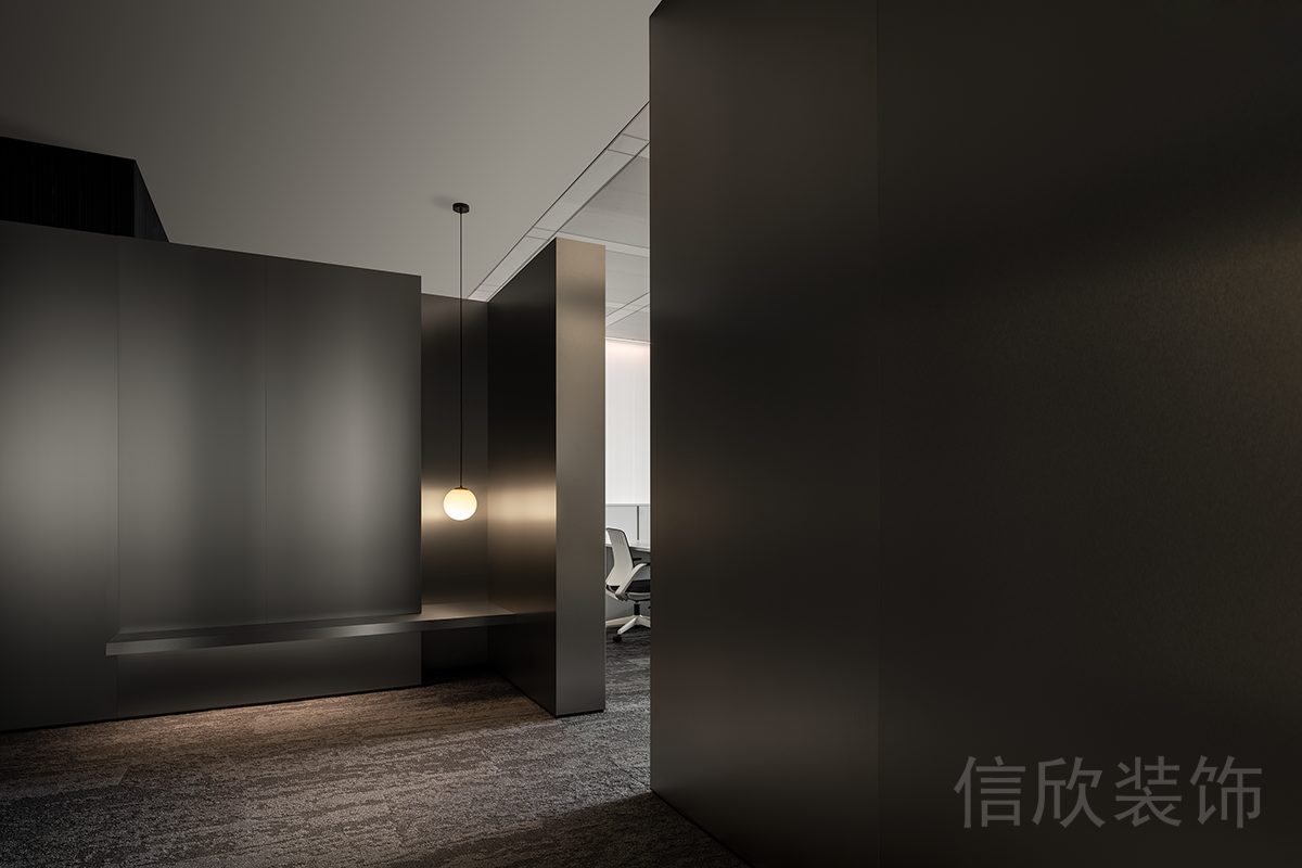 黑色墻體隔斷效果圖裝修光面辦公室設(shè)計(jì)過道效果
