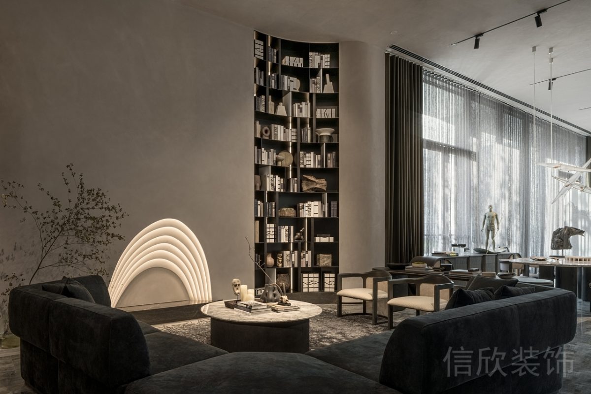 環(huán)形內(nèi)嵌式黑色調(diào)原木書(shū)柜設(shè)計(jì)智能控制窗簾裝修辦公室員工休息區(qū)效果圖