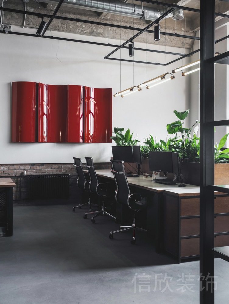 弧線皮革紅色墻體裝飾裝修設(shè)計(jì)辦公室工作桌效果圖