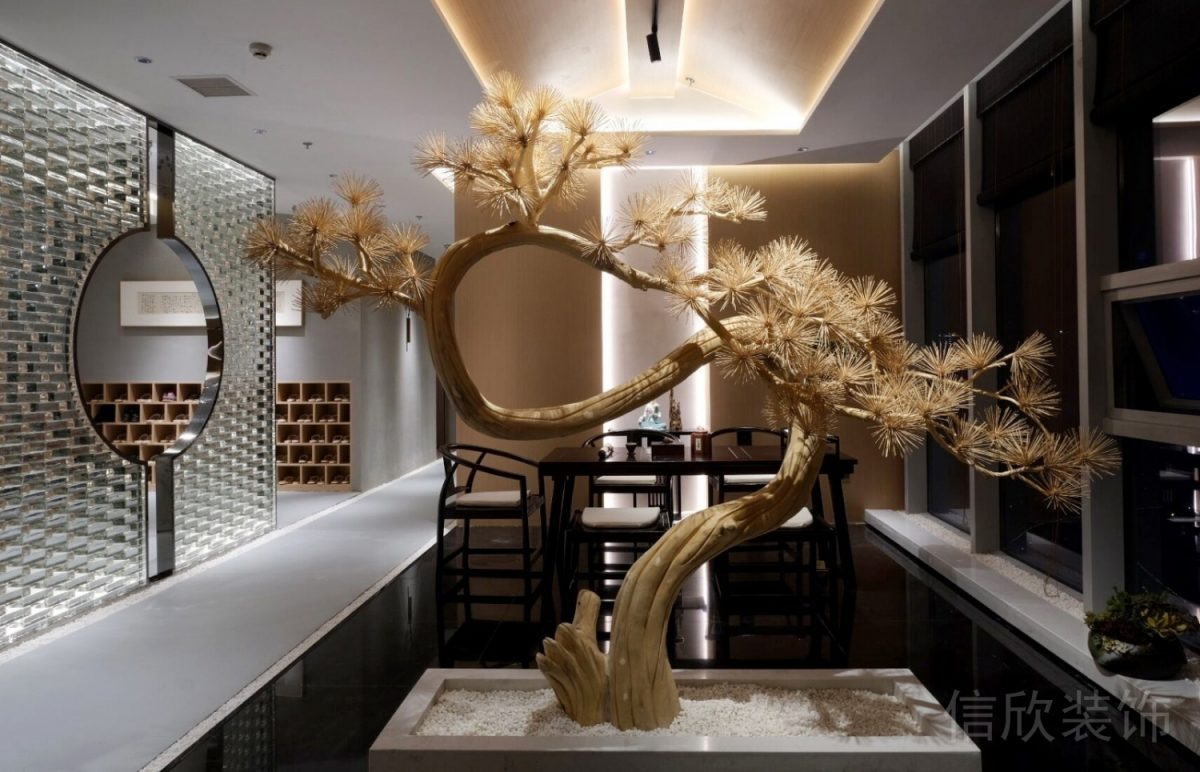 弧形天花板內(nèi)嵌式條形燈飾條搭配黃色植物健身房茶室效果圖