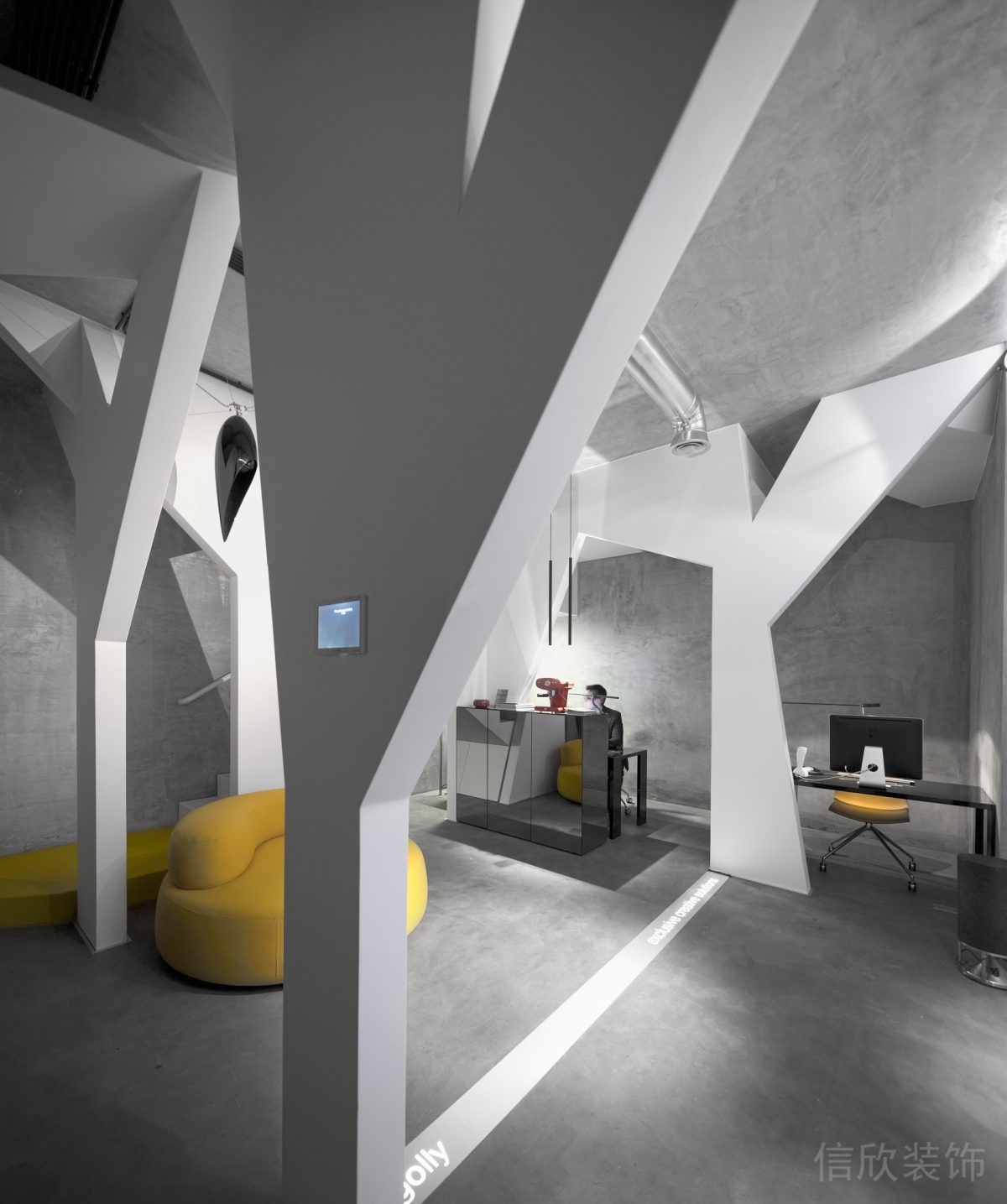 鏡面玻璃設(shè)計矩形前臺裝修辦公室裝修設(shè)計