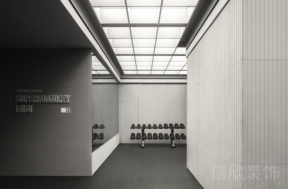 健身房裝修效果圖力量區(qū)啞鈴鏡面銀色設(shè)計圖