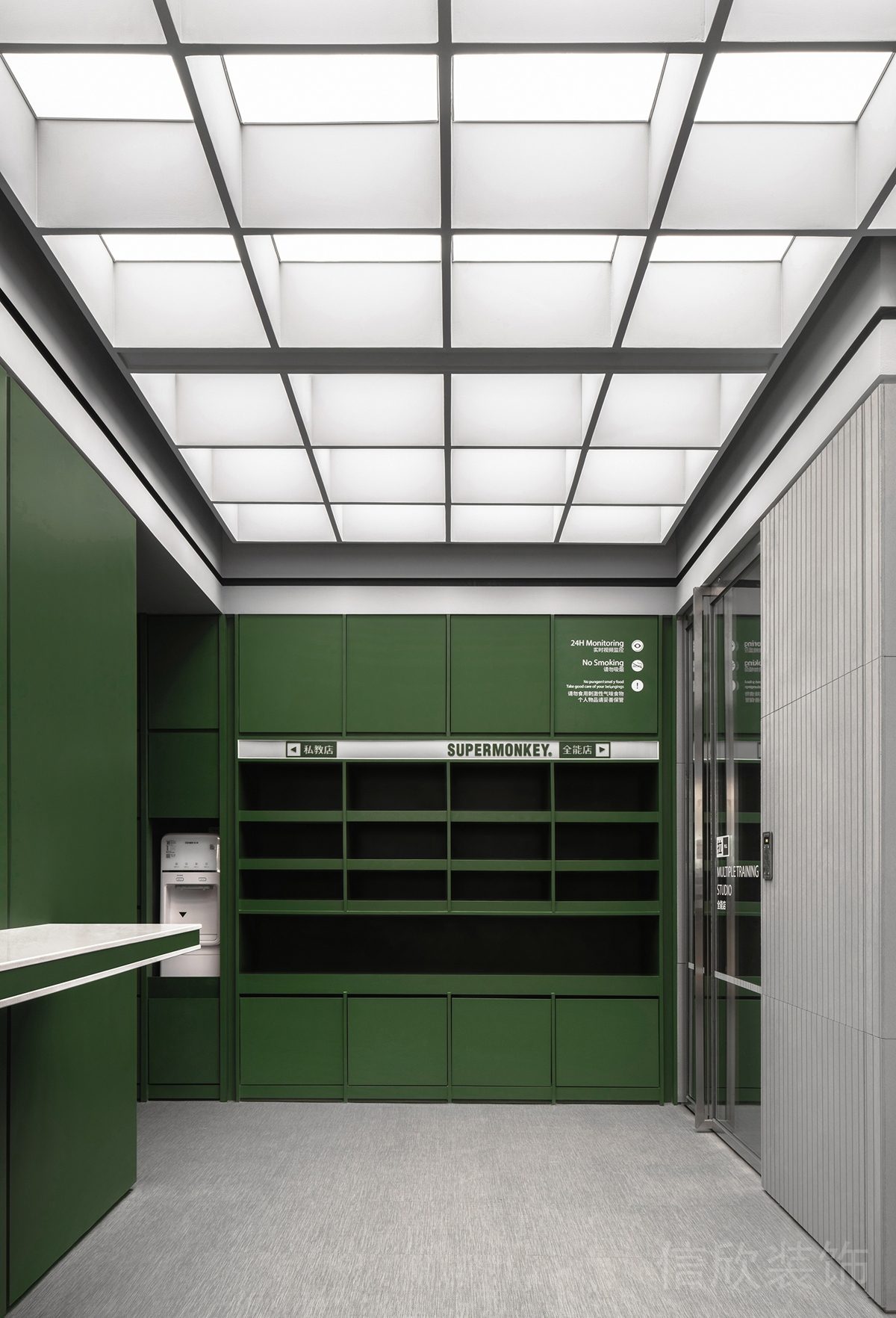 鏤空格子天花裝修設(shè)計綠色收納茶水間機構(gòu)裝修