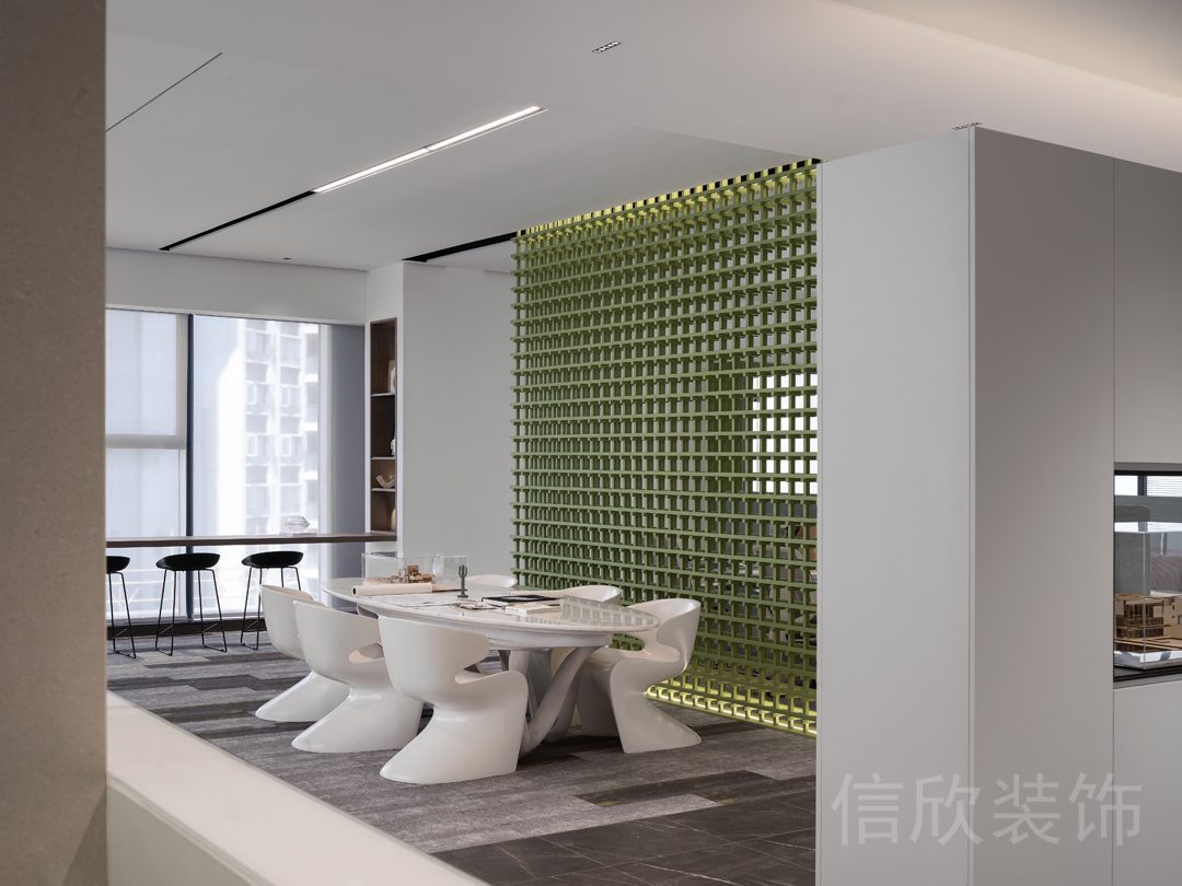 綠色金屬墻體隔斷白色墻柱休息區(qū)裝修會(huì)議室裝修白色瓷磚效果圖辦公室
