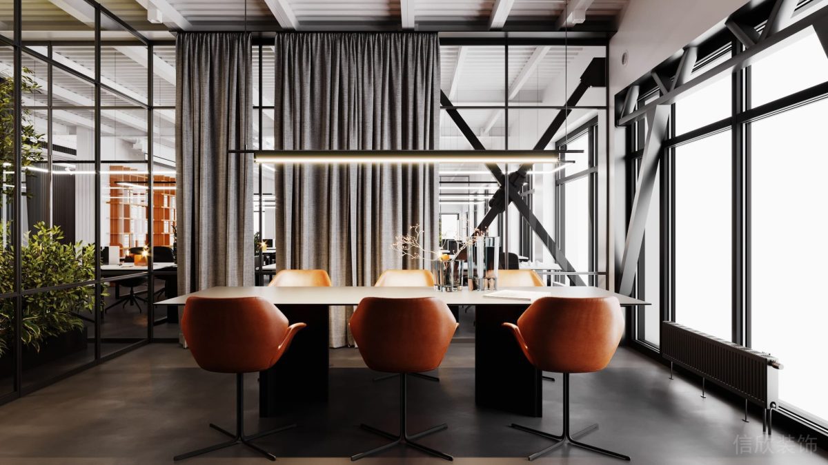 全落地式玻璃設(shè)計原木方形桌板裝修智能科技窗簾設(shè)計辦公室會議室設(shè)計