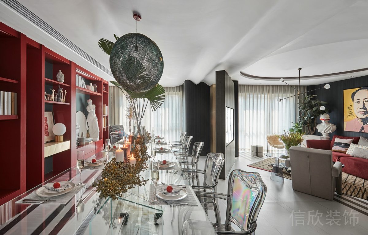 天花鏤空創(chuàng)意吊頂設計紅色墻柜裝修全屋定制開放式就餐區(qū)設計