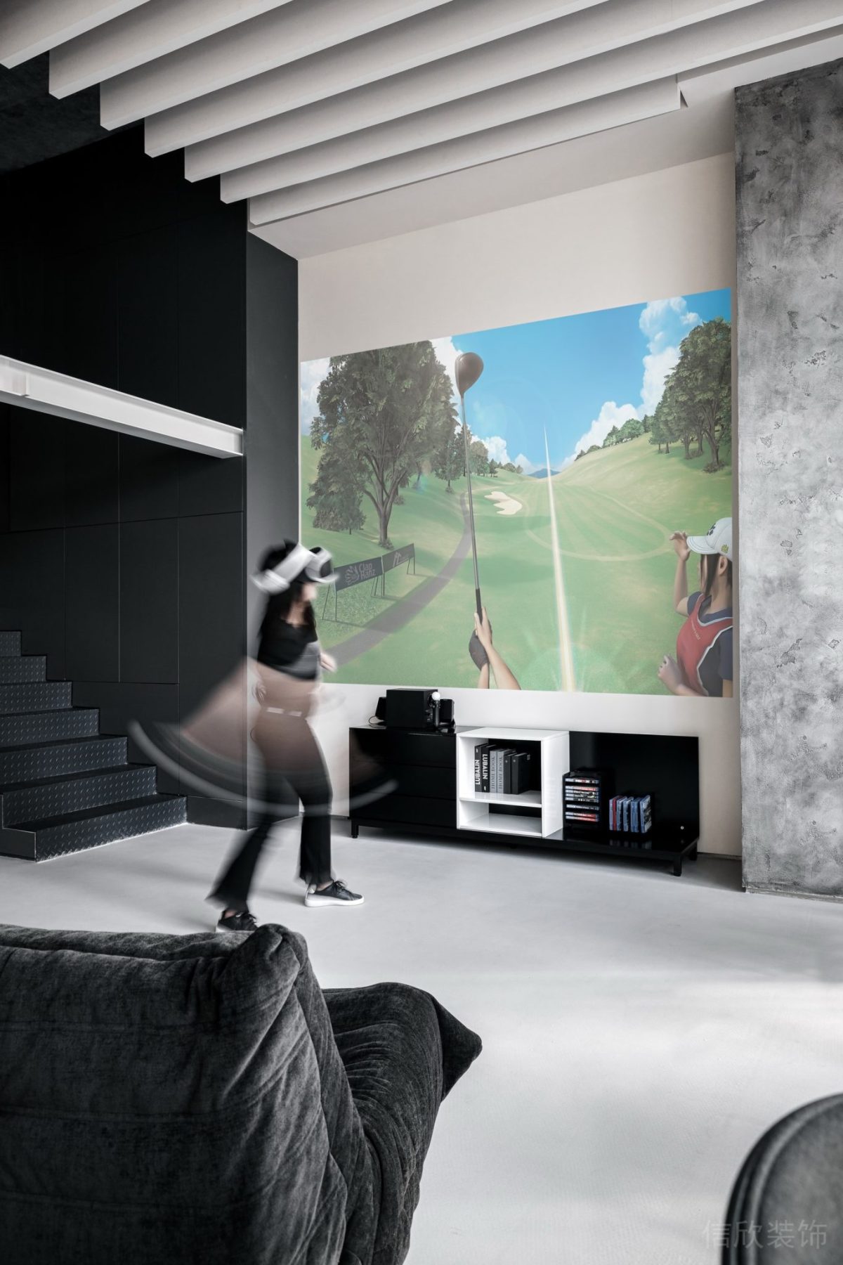 Vr眼鏡投屏幕布設計黑白撞色置物柜員工休息區(qū)辦公室裝修圖