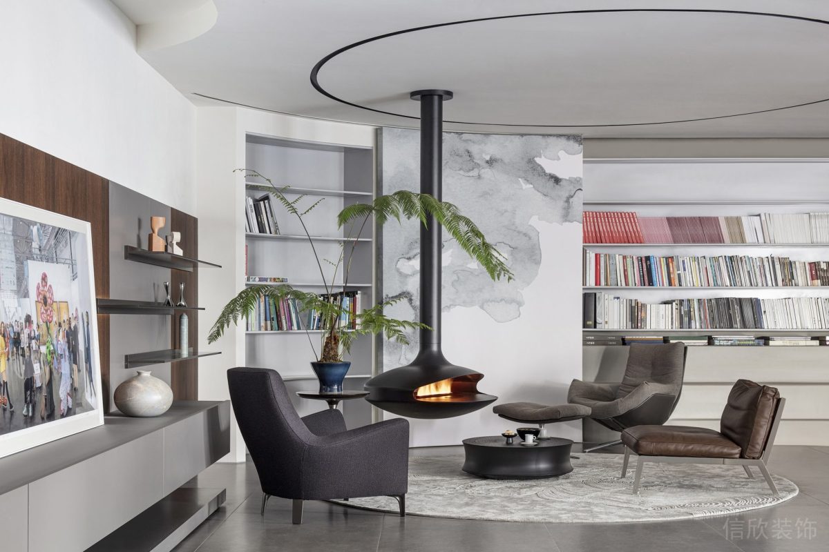 懸吊式黑色調(diào)暖爐設(shè)計皮革商務(wù)座椅設(shè)計辦公室裝修設(shè)計圖