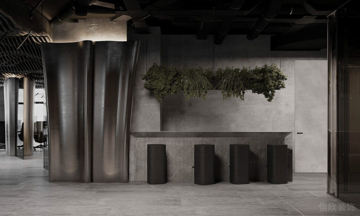 懸吊式綠植置物盒設(shè)計圓柱形原木風(fēng)座椅鋁合金固定式桌子辦公室休息區(qū)設(shè)計