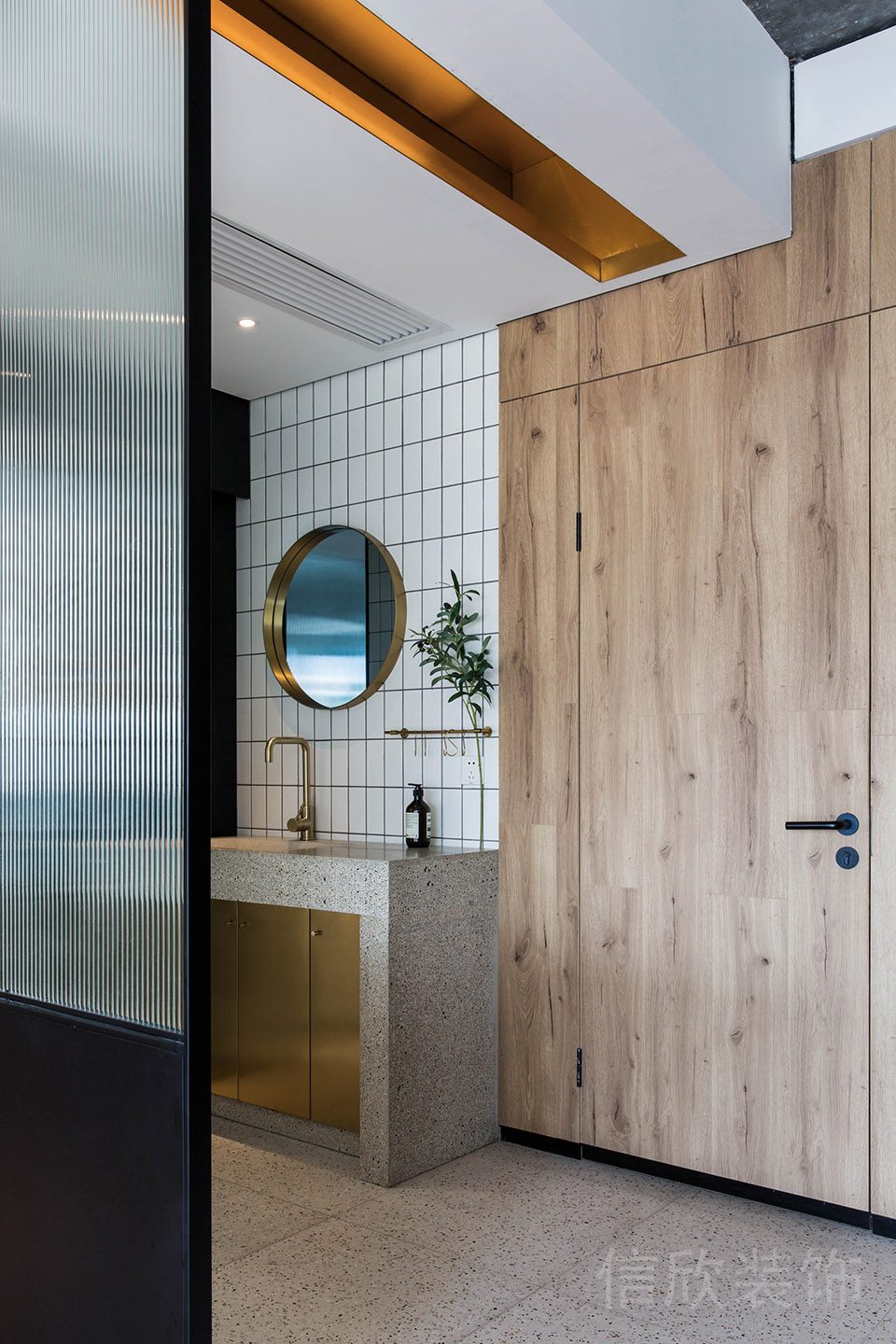 原木風(fēng)裝修設(shè)計(jì)辦公室水磨石地板天花內(nèi)嵌式金屬吊頂效果圖