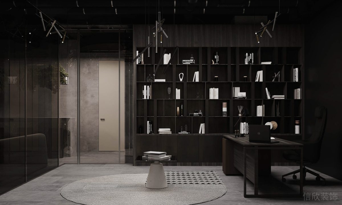 原木內(nèi)嵌式褐色置物柜裝修懸吊式射燈原木桌板辦公室裝修設(shè)計