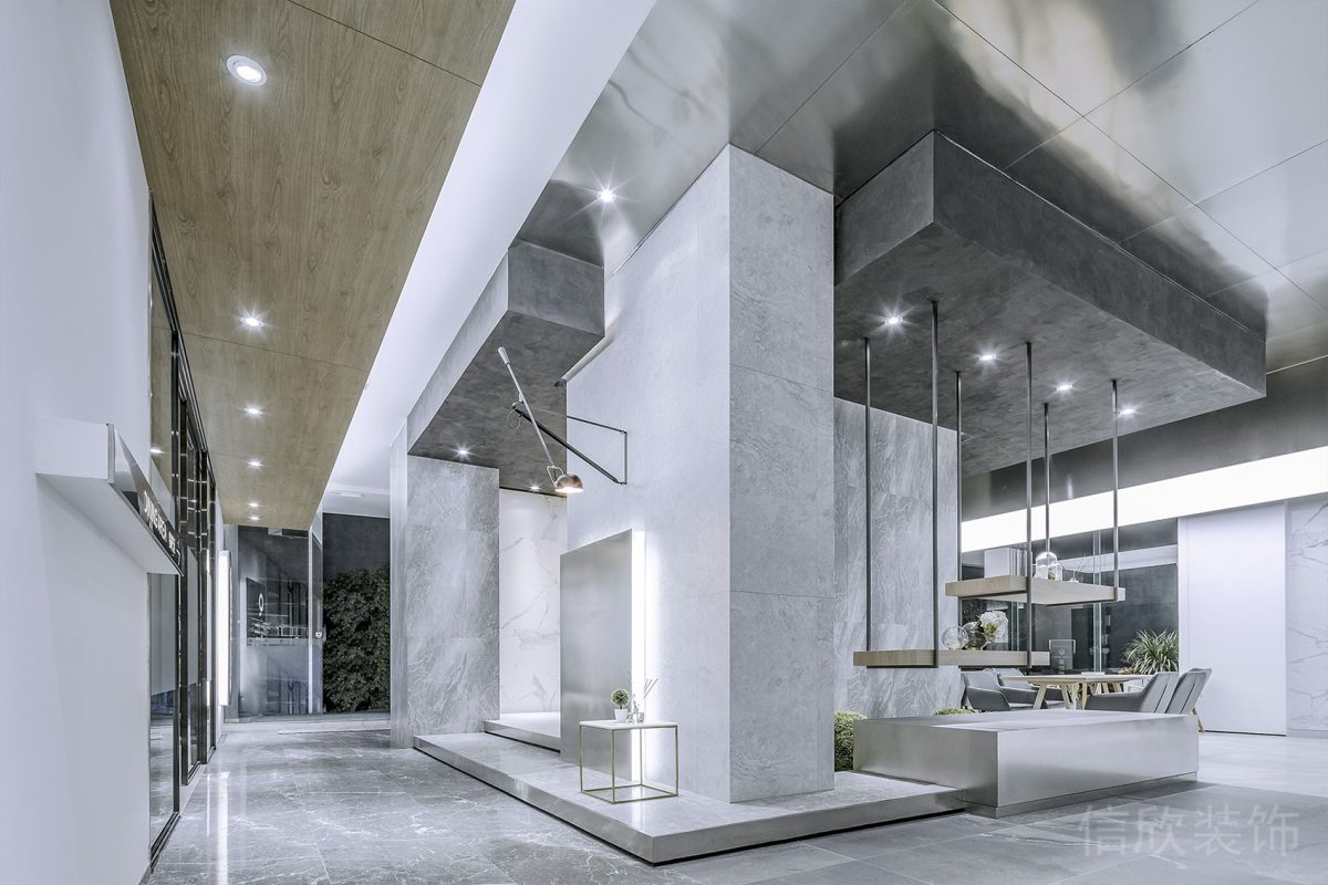 銀色天花設計前臺區(qū)裝修墻柱效果圖天花吊頂收納柜辦公室